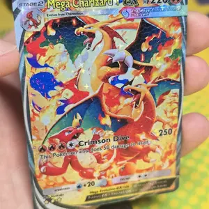 Mega Charizard Textured Card Custom Pokemon - Fractal Glass Holo- TOUGHGUARD Reptile Skin Textured Finish for Protection!