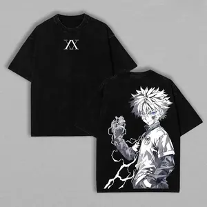Killua Zoldyck Aesthetic Ribbed Garment-Washed Oversized T-Shirt - Hunter x Hunter Unisex Heavy Cotton Seamless Apparel, Men's Streetwear for Otaku Fans