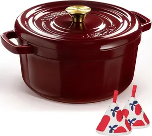 Enameled Cast Iron Dutch Oven - 5QT Pot with Lid Cookbook & Cotton Potholders - Heavy-Duty Cookware for Braising, Stews, Roasting, Bread Baking burgundy