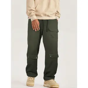 Men's Olive Green Classic Straight Cargo Pants - Elastic Waist, Drawstring, Multi-Pocket Relaxed Fit Menswear Trousers with Alphabet Print, Fabric Construction for Streetwear, Outdoor Casual Daily Wear
