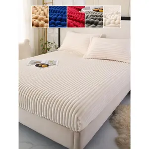 1pc Striped Faux Long Plush Flannel Thickened Warm Fitted Sheet & Bedspread, Solid Minimalist Mattress Cover, Super Soft & Comfortable Fabric, Ideal For Bedroom Guest Room Dorm, Twin Full Queen King All Sizes Bedding ,Pillowcases Not Included