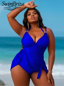 Briza｜Halter Deep V Wrap One Piece Swimsuit For Women In Solid Royal Blue Plus Size Swimwear And Plus Size Swimsuits Tummy Control Swimwear, Bathing Suit Women And Vacation Swimwear For Women With Padded Support For Beach Resort Confidence