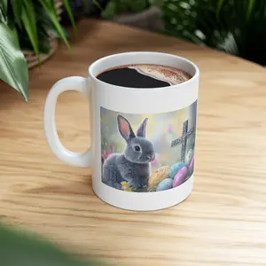 Easter Bunny Mug with Cross and Painted Eggs | Spring Easter Ceramic Coffee Cup for Men Women | Religious Holiday Easter Bunny Mug | Cute Christian Easter Gift Idea | Coffee Tea Mug Birthday Spring Holiday Gift | Viral TikTok Easter Mug