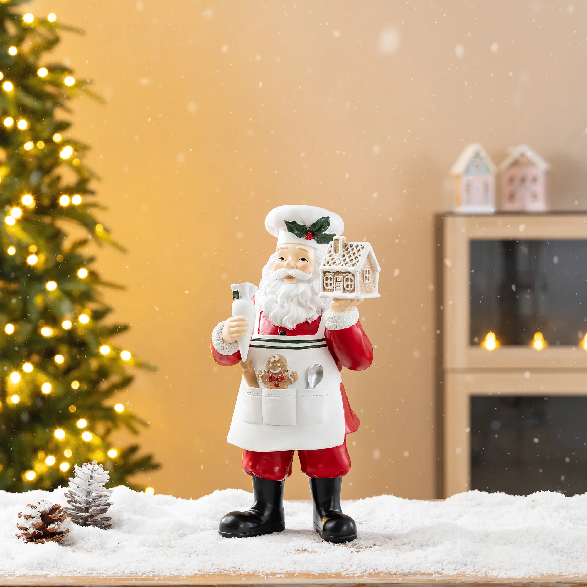 【Christmas in July】 Glitzhome 11"H Christmas Polyresin Santa Chef Figurine with Gingerbread House