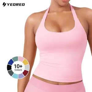 YEOREO SoftHue Women's Impact Halter Tank Top Longline Backless Scoop Neck Built-in Bra Sports Workout Gym Crop Top
