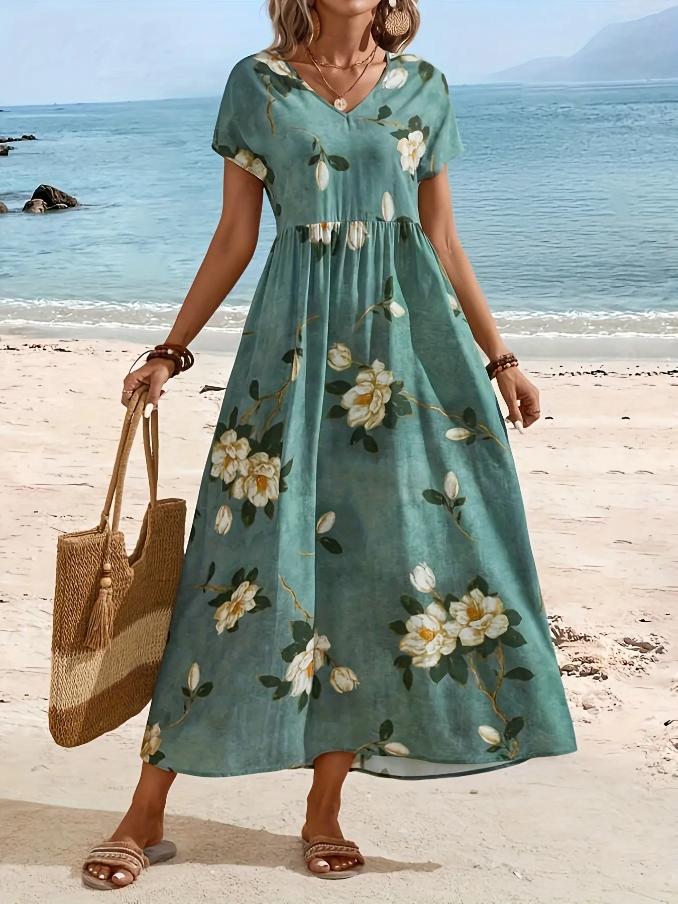 Women's Short Sleeve V-Neck Floral Print Dress, Casual Summer Vacation, Lightweight & Comfortable Design, Perfect for Daily Wear