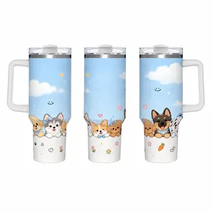 40oz Stylish Insulated Stainless Steel Tumbler - Peeking Mixed Puppy Seamless Sky Cloud Print, Handle, Leak-Proof Lid, Double-Wall, Portable Hot-Cold Drink Bottle, Car Cup Holder Friendly Dog Lover Gift