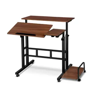 【Christmas Gift】1 Set Wooden Adjustable Height Rolling Mobile Foldable Computer Desk Standing Workstation Dark Walnut Bedside Writing Table Compact Single Study Desk