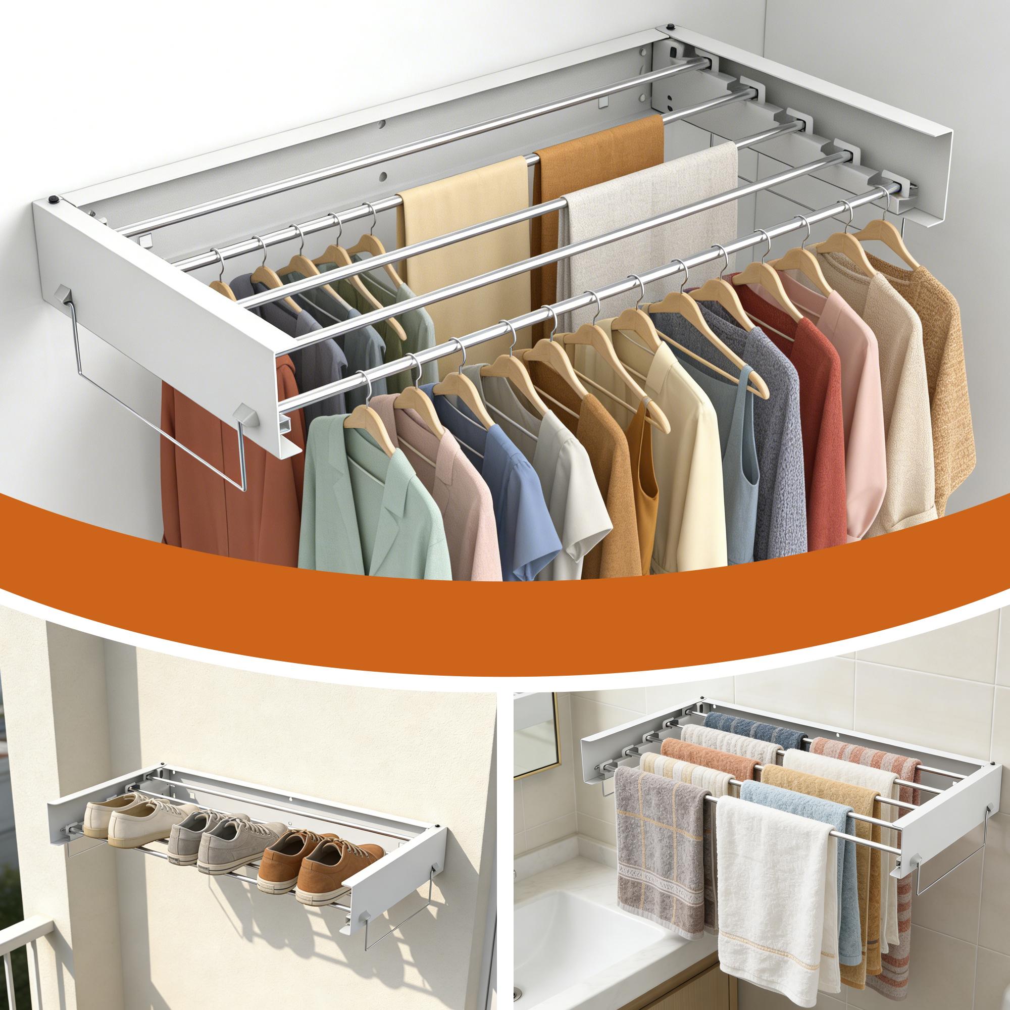 Wall-mounted clothes drying rack, foldable clothes rack, foldable hanger, with 2 towel racks and wall template, suitable for hanging clothes indoors and outdoors, 5 rods