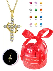 Women's Cz Birthstone Necklace Set, Crown Cross Pendant Jewelry Gift Box, Religious Faith Gifts for Wife Mom Girlfriend