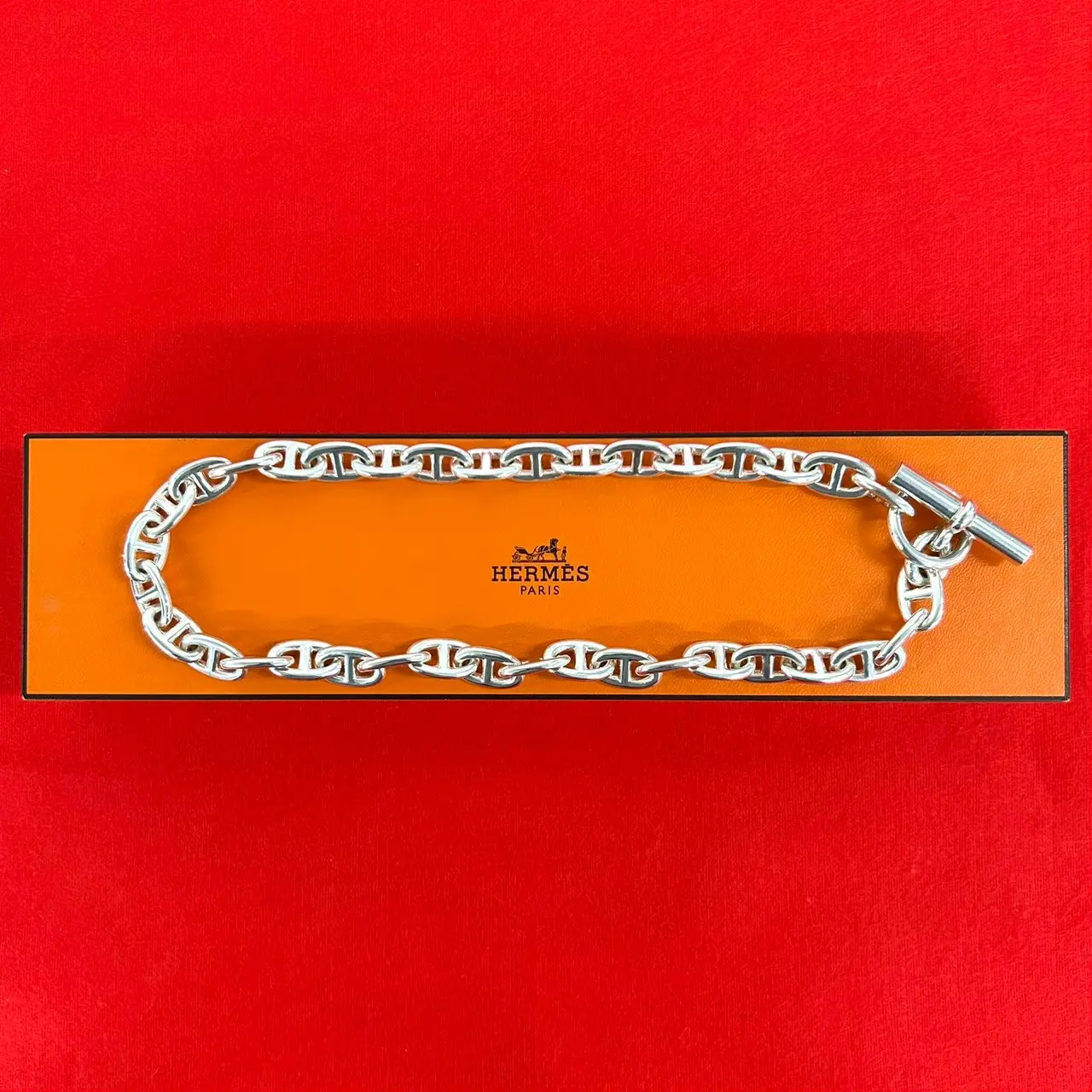 Pre-owned HERMÈS Sterling Silver 925 (Ag925) Small Leather Goods Hermes Chaine d’Ancre MM Silver Necklace