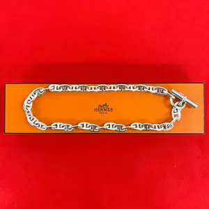 Pre-owned HERMÈS Sterling Silver 925 (Ag925) Small Leather Goods Hermes Chaine d’Ancre MM Silver Necklace
