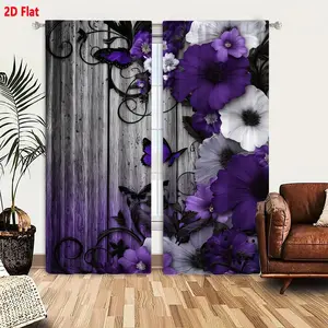 2D Flat 2-Pack Gothic Floral Butterfly Curtains, Home Decoration Curtain - Dark Purple Gray Wooden Panel Background, Purple Black Flowers with Ornate Vines, Black and Purple Butterfly Decor for Bedroom Living Room Window Curtain