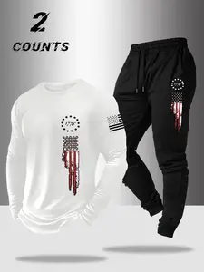 Men's Casual Fitted Long Sleeve Tee and Pants Set, Star Pattern Print Round Neck Shirt Plus Drawstring Pocketed Trousers, Stylish Spring & Fall Outfit