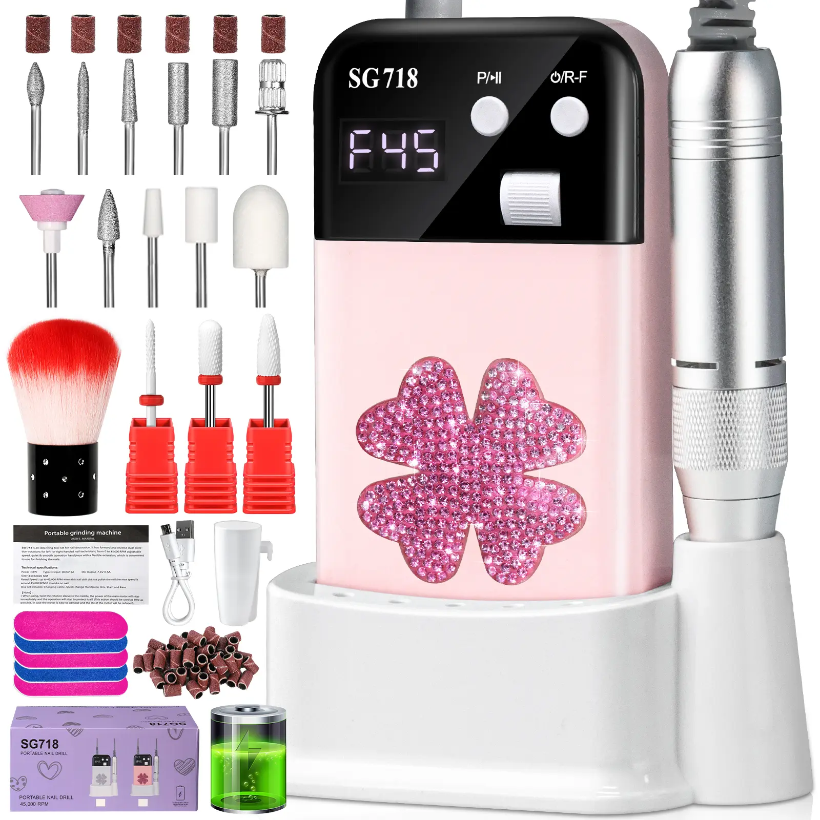 Limegirl Electric Nail Drill Professional, Portable Nail File for Acrylic Gel Nails, Cordless Rechargeable Ultra Power Nail Drill Kit 45000RPM, SG718 Salon-Grade Efile Nail Machine