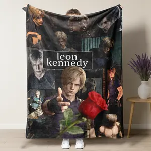 Leon S. Kennedy Blanket, Resident Evil 4 Remake Themed Soft Flannel Throw Blanket, 3D Printed Leon Kennedy Rose Collage Design Warm Cozy Blanket for Bed Couch Sofa, Perfect Gift for RE Fans