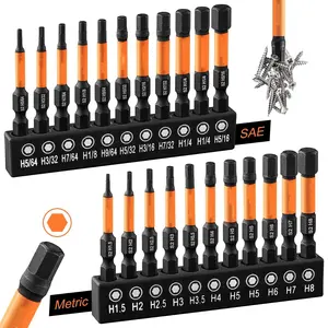 Allen Wrench Drill Bit Set 22pc Hex Bit Set, Impact Driver Bit Set, Screwdriver Bit Set, Allen Wrenches Sets, Allen Socket Set, 2" Long Metric&SAE 1/4" Hex Shank Magnetic Allen Key Drill Bits