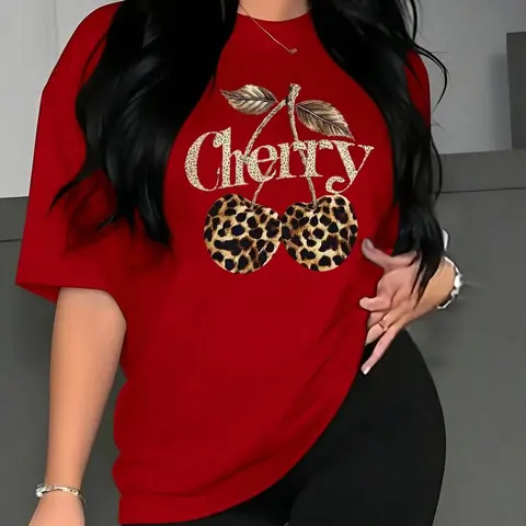 Women's Cherry & Letter Print Round Neck Casual Loose Tee, Casual Short Sleeve Crew Neck T-shirt for Summer, Fashion Women's Top for Daily Wear, Aesthetic Fruit Tee, Casual Tee Shirts
