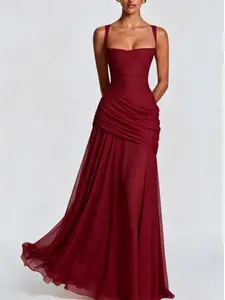 Women's Solid Color Tie-back Sleeveless Bodycon Slip Dress, Plain Criss Cross Straps Back Lace-up Ruched Slim Fit Maxi Dress, Party Club Date Evening Gown Daily Casual For Ladies Summer, Formal Wear