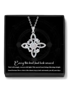 Witches Knot Opal Flower Charm Necklace With Blessed Message Card, Pagan Wiccan Magic Tetragrammaton Pendant Necklace, Amulet Jewelry Gift for Women