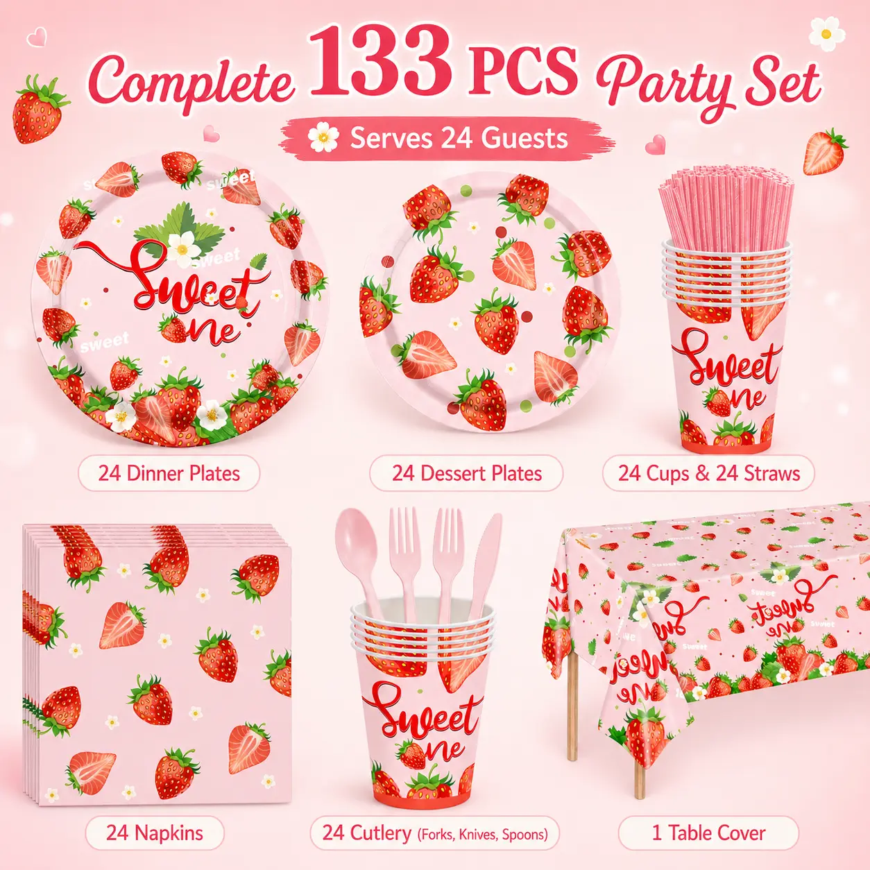 133-Piece Sweet Strawberry Party Tableware Set for 24 Guests, Cute Berry-Themed Plates, Cups, Napkins, Straws and Pink Utensils for 1st Birthday, Picnic, Baby Shower & Girls Party