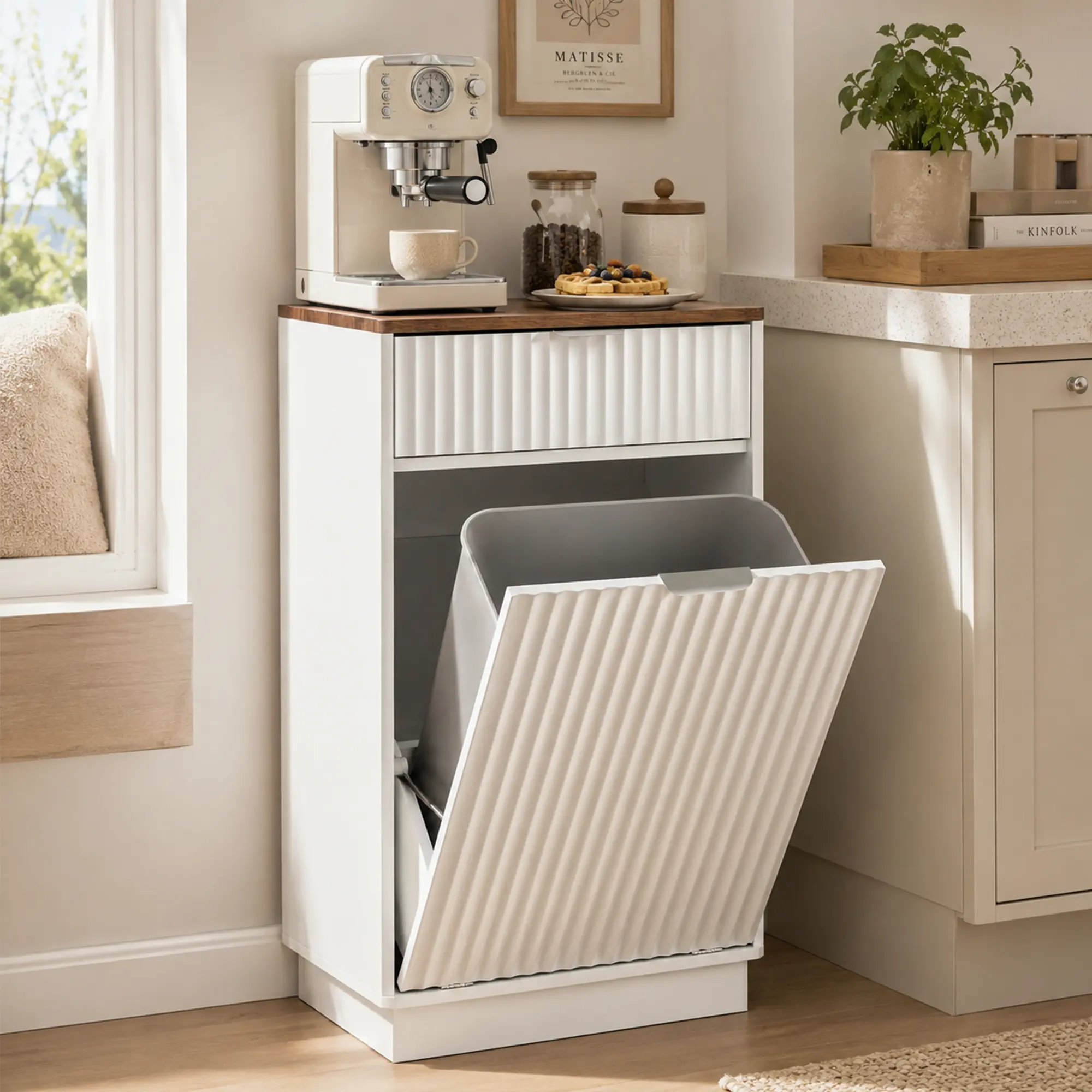 SZLIZCCC 10 Gallon Tilt Out Trash Cabinet with Drawer, Fluted Hidden Garbage Bin Freestanding, Modern Wood Waste Receptacle, Walnut Finish for Kitchen Bathroom