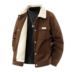 Men’s autumn–winter wool-lined warm plus-size retro corduroy work jacket with large pockets and a casual lapel design. Men’s long-sleeve jacket with polyester fabric, brown coat