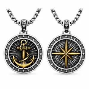 2-Tone Silver Gold Plated Copper Double-Sided Anchor Compass Pendant Necklace, Vintage Nautical Star Men's Box Chain Necklace