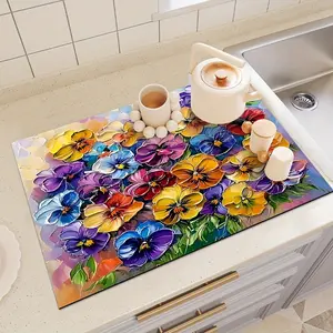 1 piece, tableware drying mat, Kitchen Decorative Placemat, Floral pattern placemat, washing machine top protective mat, durable polyester dishwashing mat, suitable for kitchen, laundry room, refrigerator top, oven mat