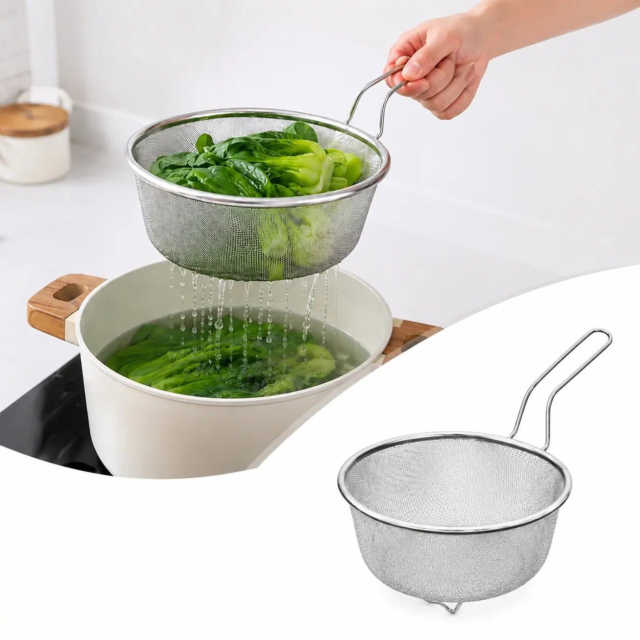 Sturdy Stainless Steel Standing Mesh Strainer Basket with Handle, Multipurpose Food Sieve with Draining Scoop for Noodles, Fruits, Frying, Kitchen