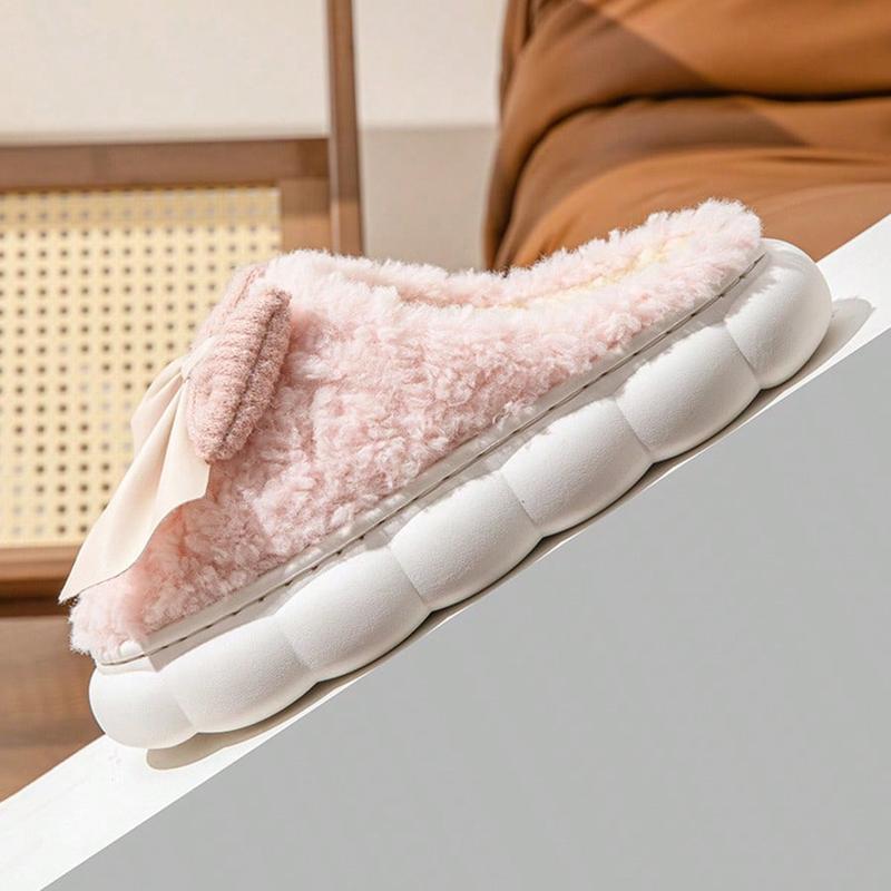 Women's Comfortable Winter Slippers With Bow - Plush Lining, Non-Slip Thick Sole Indoor Shoes, Warm & Cozy Ladies Slippers