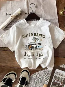 Women's Outer Banks Pogue Life Round Neck Graphic Tee, Vintage Trendy Casual Short Sleeve T-shirt for Daily Wear, Ladies Summer, Top