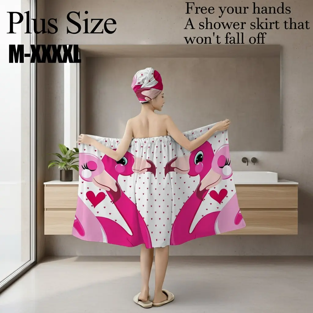 Plus Size M-XXXXL Cute Pink Flamingo & Heart Print Bath Wrap Skirt & Hair Towel Set, Non-Slip Adjustable Shower Skirt for Bathroom, Spa, Valentine's Day, Summer Beach Party