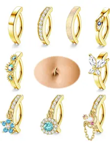 9 Pcs Golden Navel Rings 14G Clicker Surgical Steel Copper Belly Button Ring for Women Men Cubic Zirconia Opal Belly Rings, Belly Hoops, Belly Button Rings Summer Beach Jewelry Set, Body Piercing Kit