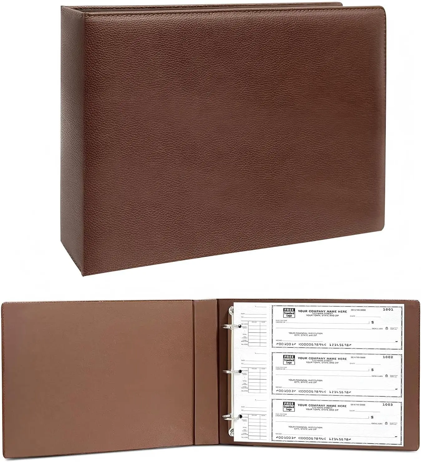 3 Rings Check Binder for End-Stub Deskbook Checks, 3 on a Page, Fit 3 & 9 Holes Check Faux Leather (9.1"x12.5") (Brown)