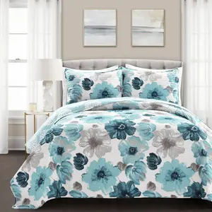 Lush Decor Leah Quilt 3 Piece Set Full/Queen/King Floral Printed Micro Fiber Reversible Quilt with Matching Pillow Shams for Serene Bedroom Decor