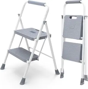 2-Step Folding Ladder, Heavy-Duty Steel Step Stool with Anti-Slip Pedals & Handrail, 800lbs Capacity, Portable Step Ladder for Kitchen, Garage, Home & Outdoor Tasks