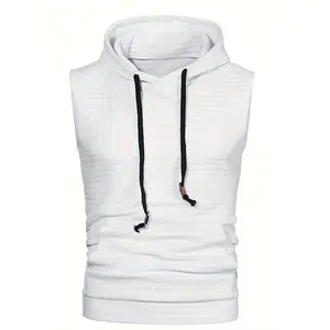 [Sleeveless Hooded Tank] 2pcs Casual Sleeveless Hooded Jacquard Tank Top - Men's Drawstring And Kangaroo Pocket for Outdoor Running Jogging Training