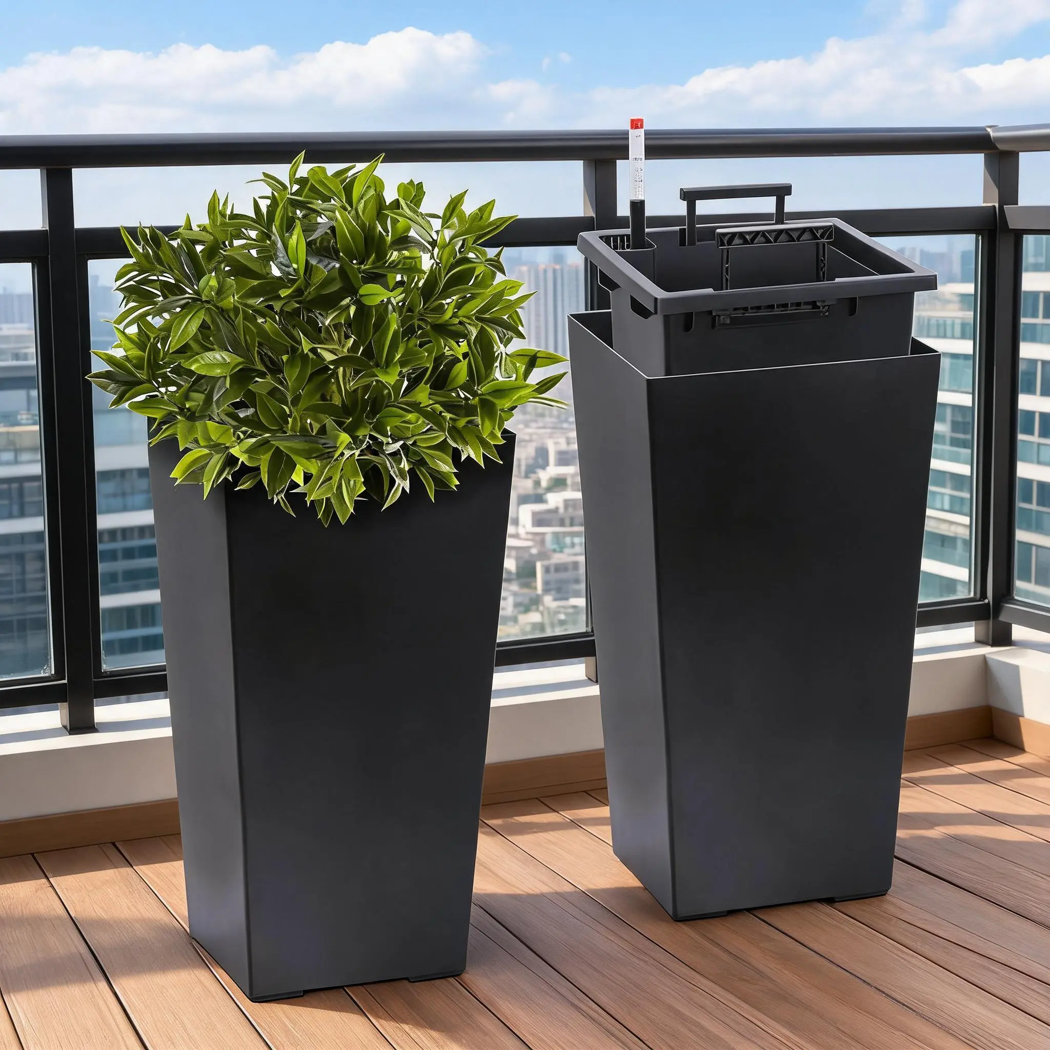 GARVEE Set of 2 Modern Tall Black Planters – Large Self-Watering Plant Pots with Drainage Holes, Water Level Monitor & Removable Inner Bucket – Perfect for Indoor & Outdoor Use – Ideal for Patio, Porch, Garden