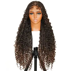 SuperNova #T1B/30 Long Brown Boho Braided Wig | Triangle Knotless Box Braids with Boho Curls & Baby Hair | 36'' Full Lace Wig for Women | Bohemian Style, Natural Look, Comfortable Fit, High-Quality Synthetic Hair