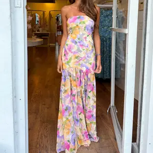 Women Casual Strapless Dress Summer Floral Print Backless A-Line Long Dress for Cocktail Party Beach Streetwear