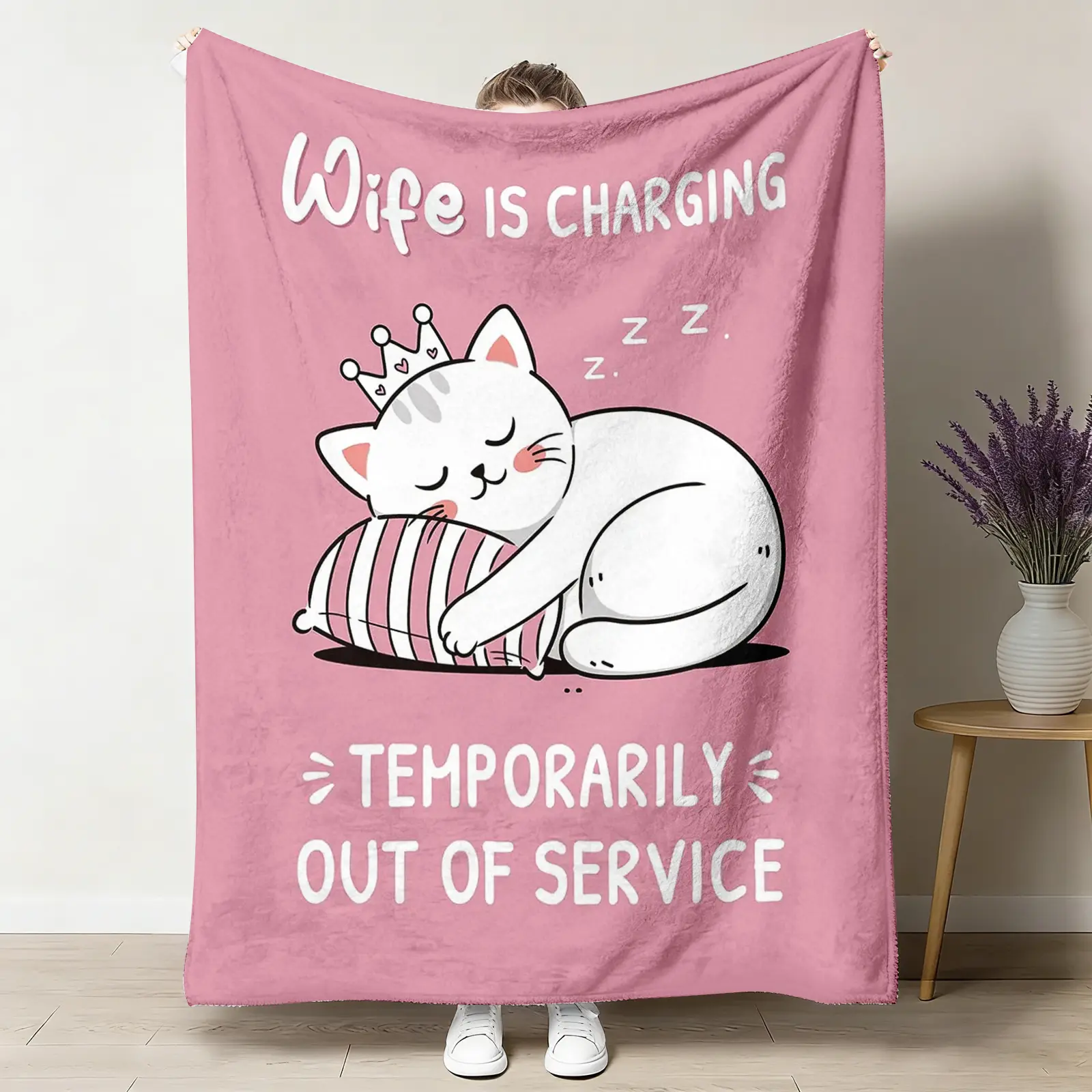 Fluffy Wrinkle-Resistant Graphic Print Flannel Throw - Multi-Size Durable Breathable PVC Fabric Charging Blanket with Funny "Temporarily Out Of Service" Sleeping Cat Design, Soft Cozy Warm Gift for Wife & Family, Ideal for Couch Nap Decor