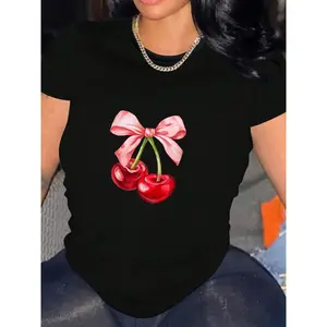 Women'S Cherry Print Short Sleeve T-Shirt - Style Crew Neck Blouse With Fruit &, Medium-Stretch Fabric For Spring Summer Casual Casual Attire, Machine Washable Non- Top