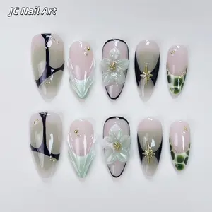 JC M Size T60 Almond Fake Nails - 3D Engraved Retro Niche Handmade, Tomboy Chic Style, Floral-Embellished Sparkly Rhinestone Decor, Realistic Easy-Paste Application, Single Item
