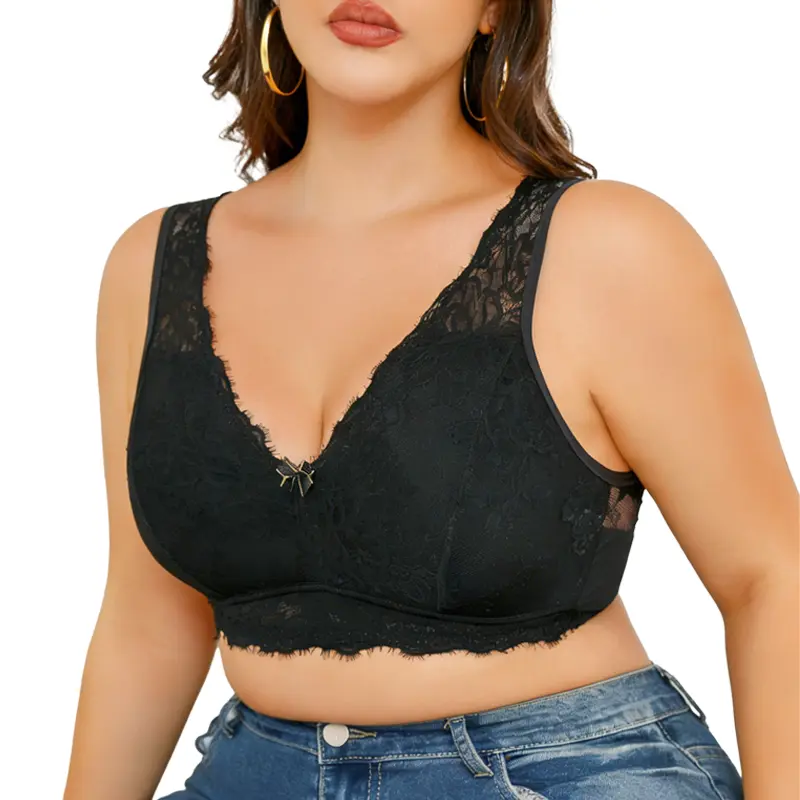 Women’s Plus Size Wireless Lace Bra, No Underwire Soft Stretch Full Coverage Bra with Wide Shoulder Straps, Everyday Comfort Bra XL-4XL-9980