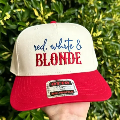 Female Blonde Embroidered All American Trucker Hat - Adjustable Snapback, Breathable Casual Summer Baseball Cap, 4th of July Country Concert Accessory Gift, Red White Graphic Design