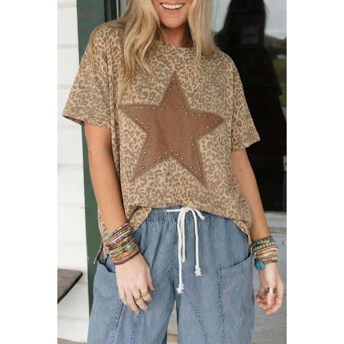 Khaki Leopard Retro Studded Star Patch Loose Tee