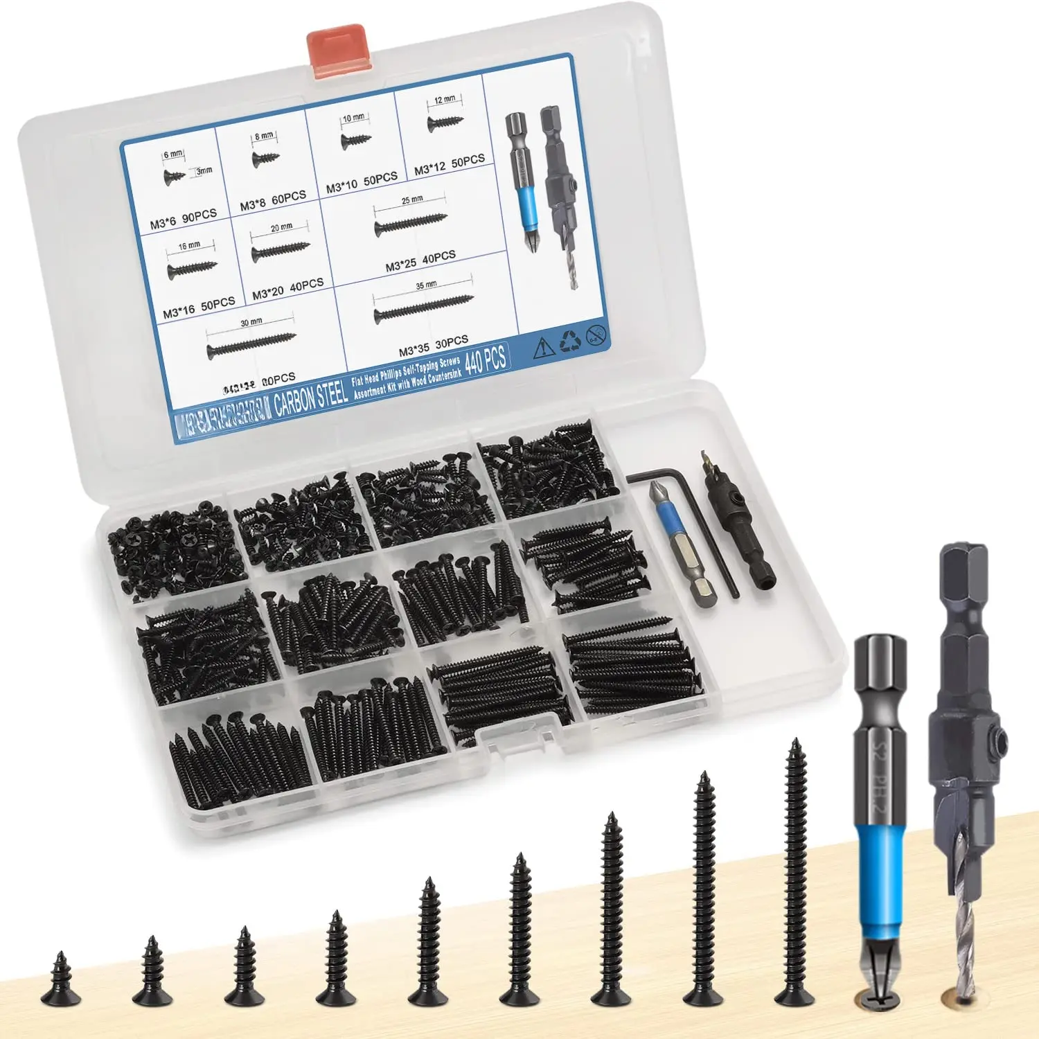 440 count Flat Head Phillips Wood Screws Assortment Kit, Carbon Steel Self-Tapping Screw with Adjustable Wood Countersink (CSQ235 M3)