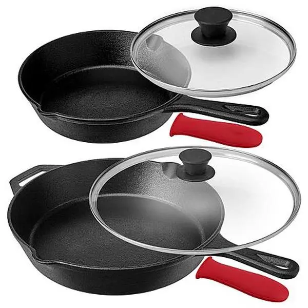 MegaChef Pre-Seasoned 6-pc Cast Iron Skillet Set w Lids & Red Holders