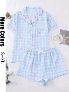 Women's Two-Piece Blue and Bow Print Pajama Set, Short Sleeve Button Front Shirt, Pocket and Elastic Waist Shorts, Spring Summer Casual Wear, Loungewear, Nightwear